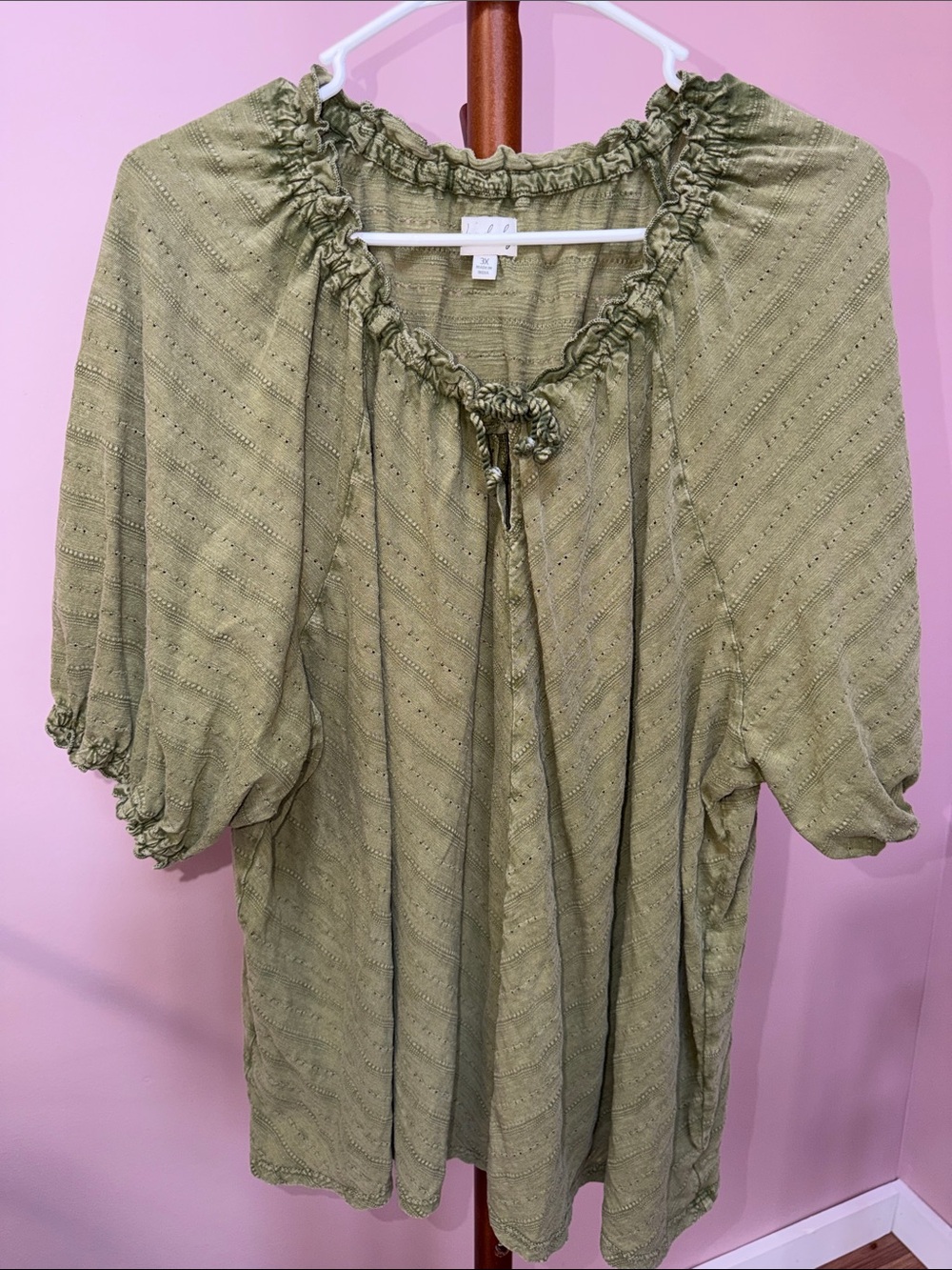 Wonderly Olive Green Peasant Top with Ruffle Tie Neck